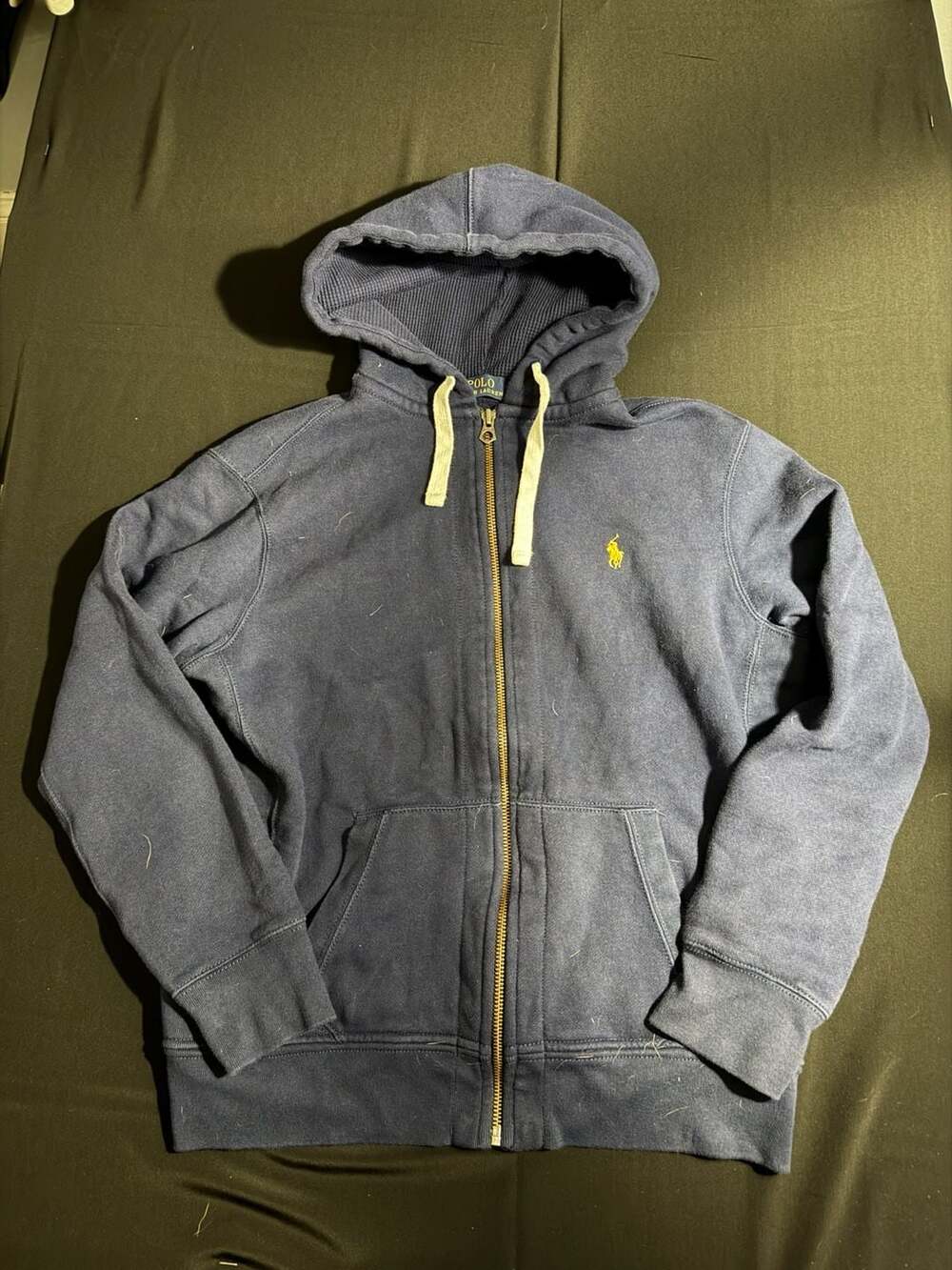 Polo Ralph Lauren Navy Blue Full-Zip Fleece Hoodie with Yellow Pony Logo